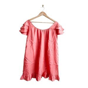 Club Monaco 100% Silk Dress Pink Ruffled Bottom Scoop Neck Layered Short Sleeves